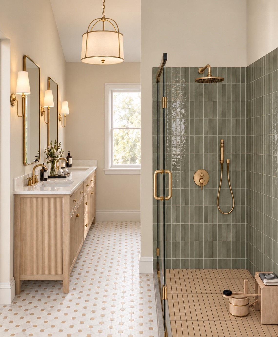 Bathroom design with green shower tile and warm wood cabinetry