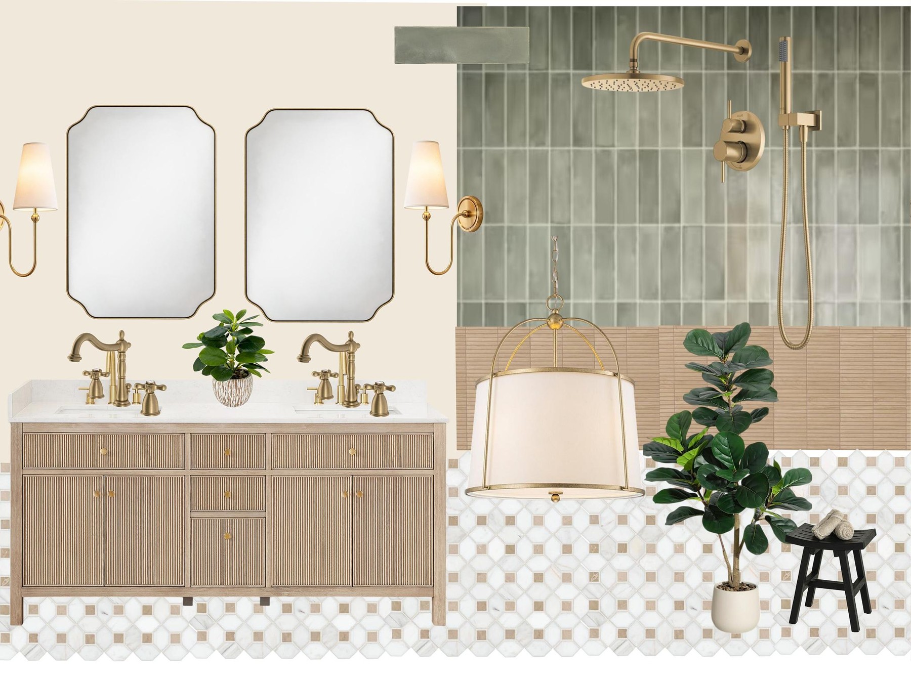 Bathroom concept board pairing green tile, warm wood and brass