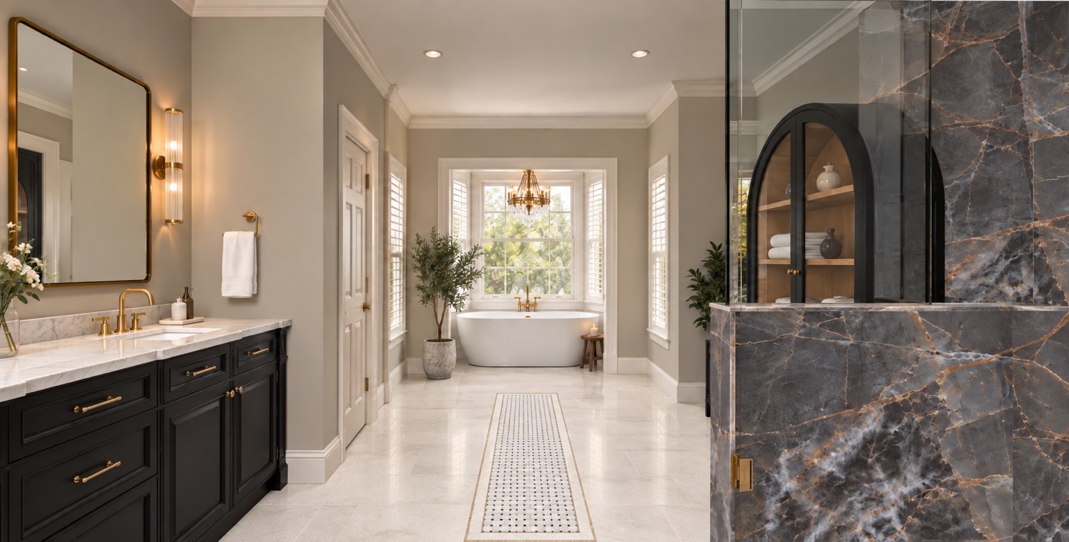 Primary bathroom design visualization with dark cabinetry, richly veined stone, and warm brass details